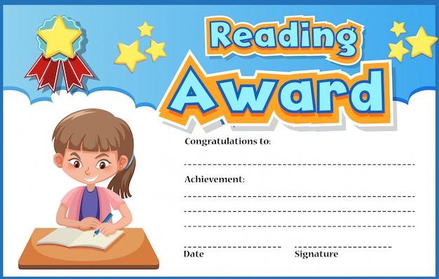 Certificate template for reading award with girl reading in