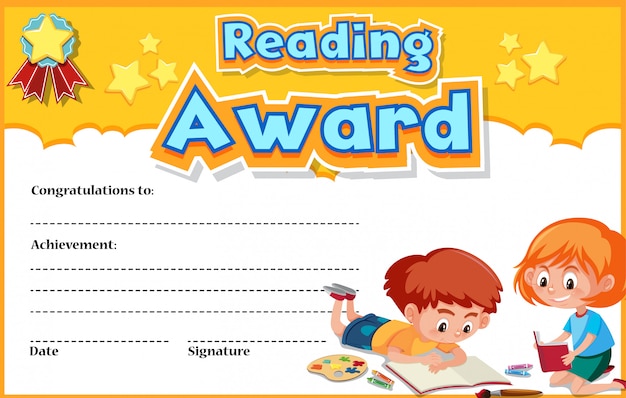 Certificate template for reading award with kids reading in background