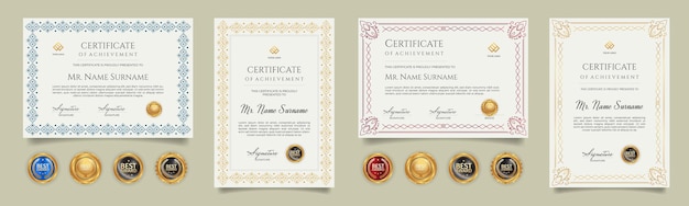 Vector certificate template set with vintage border and golden badge