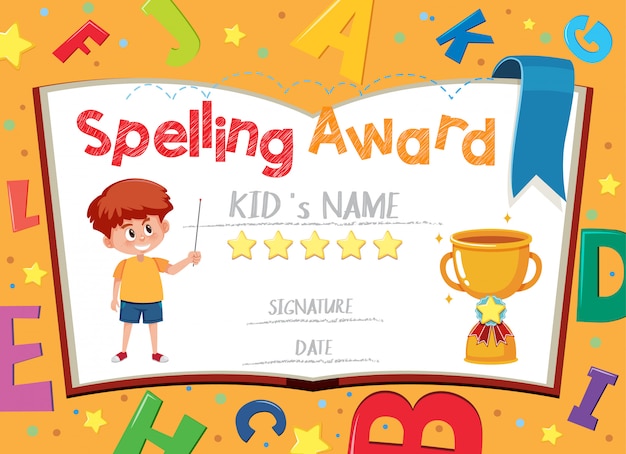 Certificate template for spelling award with boy in the background