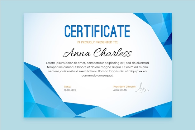 Certificate template with blue geometrical shapes