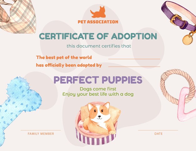 Modello di certificato con concetto di cane corgi in stile acquerello