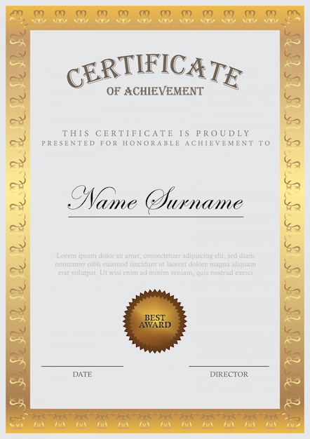 Modello di certificato con elemento in oro e design moderno, diploma