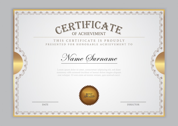 Certificate template with gold element and modern design, diploma