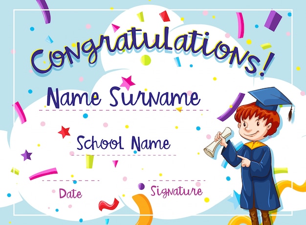 Vector certificate template with kid in graduation gown