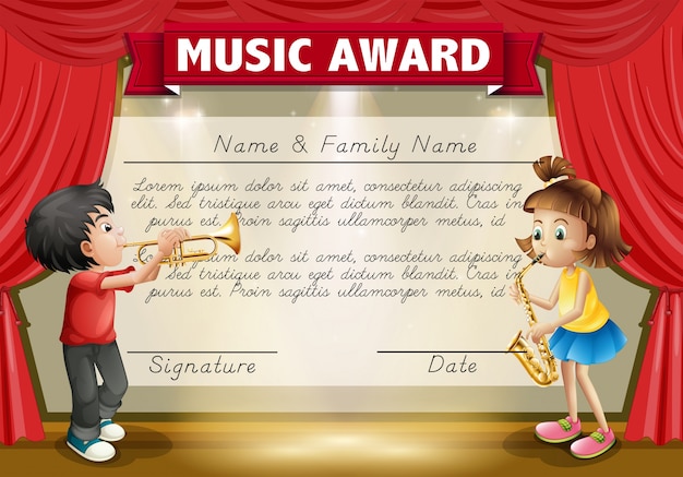 Modello di certificato con i bambini che suonano musica sul palco