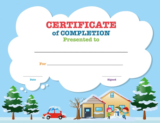 Certificate template with kids in winter