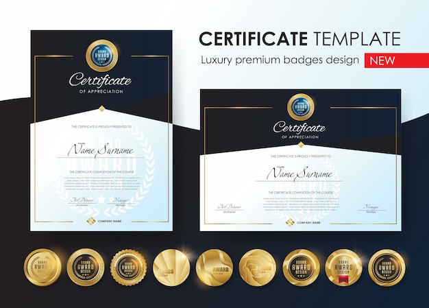 Modello di certificato con design di badge di lusso e premium