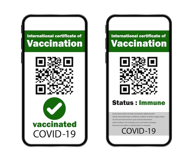 Certificato di vaccinazione sullo schermo del telefono cellulare con codice qrcode e segno di spunta di passaggio vaccinato illustrazione vettoriale