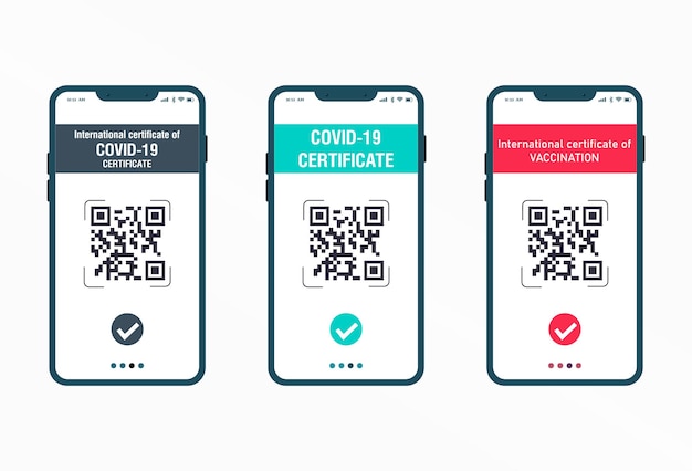 Сертификат о прививке установлен на экране мобильного телефона с qrcode и галочкой пропуска вакцинирован V