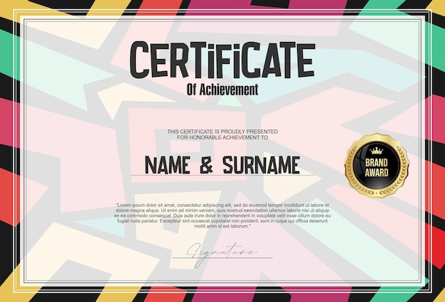 Certificate with golden seal and colorful design border