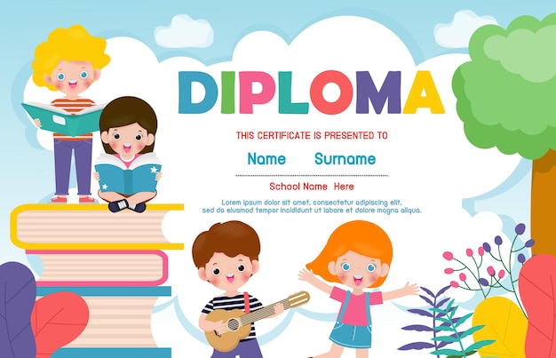 Vettore certificati scuola materna ed elementare, modello di progettazione del fondo del certificato del diploma dei bambini in età prescolare, diploma per gli studenti, torna a scuola con i bambini della scuola che leggono il libro isolato illustrazione