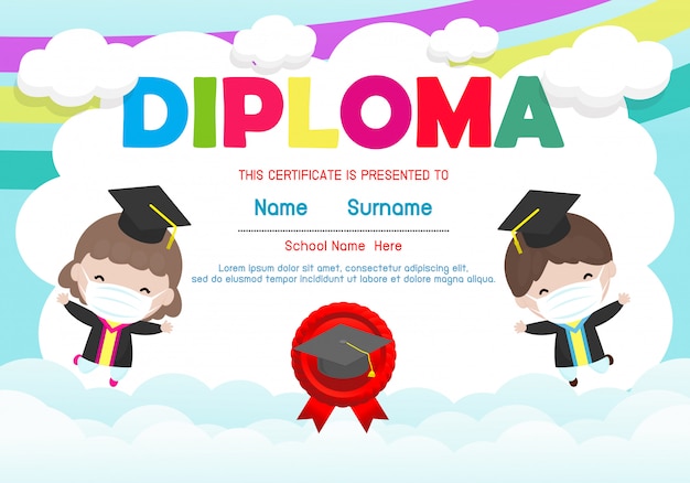 Certificates kindergarten and elementary, preschool kids diploma certificate background design template