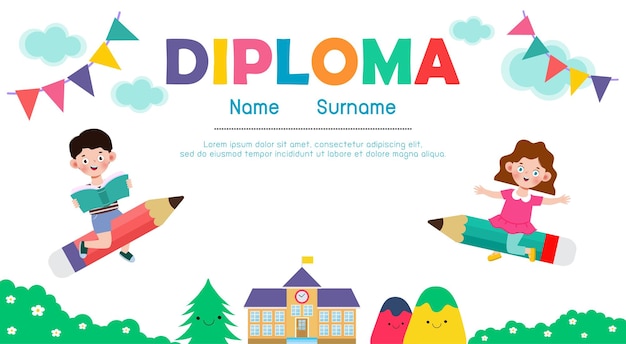 Certificati scuola materna ed elementare disegno di sfondo del certificato di diploma per bambini in età prescolare