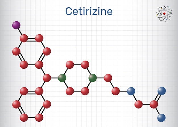 벡터 알레르기성 코염에 사용되는 세티리진 분자 약물 분자 모델 케이지에 있는 종이 종이