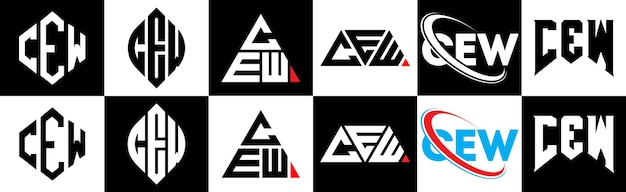 CEW letterlogo-ontwerp in zes stijlen CEW veelhoek cirkel driehoek zeshoek platte en eenvoudige stijl met zwart-witte kleurvariatie letterlogo in één tekengebied CEW minimalistisch en klassiek logo