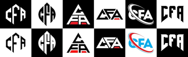 Vettore disegno del logo della lettera cfa in sei stili cfa poligono cerchio triangolo esagono piatto e stile semplice con variazione di colore bianco e nero logo della lettera impostato in un artboard logo cfa minimalista e classico