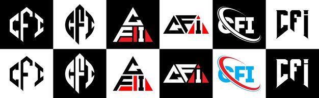 Design del logo della lettera cfi in sei stili cfi poligono cerchio triangolo esagono stile piatto e semplice con variazione di colore bianco e nero logo della lettera impostato in un artboard logo cfi minimalista e classico