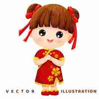 Vector a cgirl wearing a traditional red chinese dress accented with gold flowers on chinese new years day