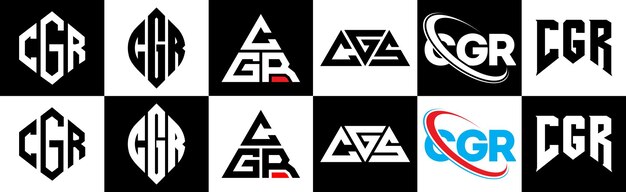 6つのスタイルのCGR文字ロゴデザイン CGR多角形円三角形六角形平らでシンプルなスタイルで黒と白の色のバリエーション文字ロゴが1つのアートボードにセットされています CGRミニマリストとクラシックロゴ