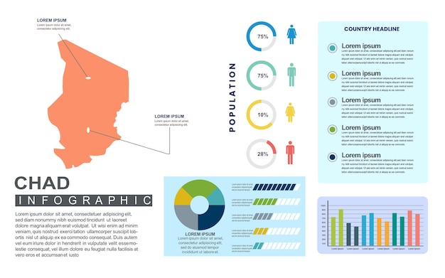 人口と人口統計を含むチャドの詳細な国のインフォグラフィックテンプレート