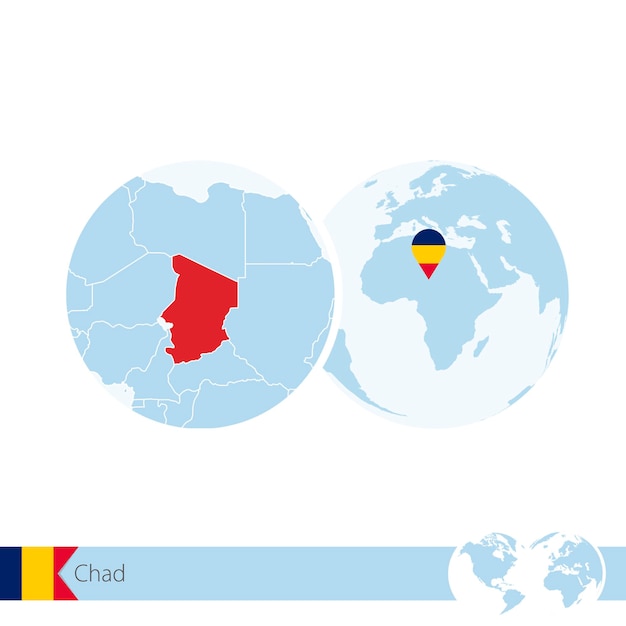 チャドの旗と地域の地図で世界のチャド。ベクトルイラスト。