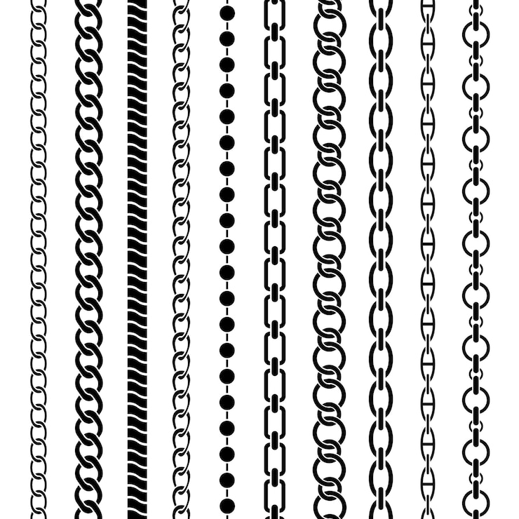 Vector chain borders. seamless black chains of different shapes, metal links