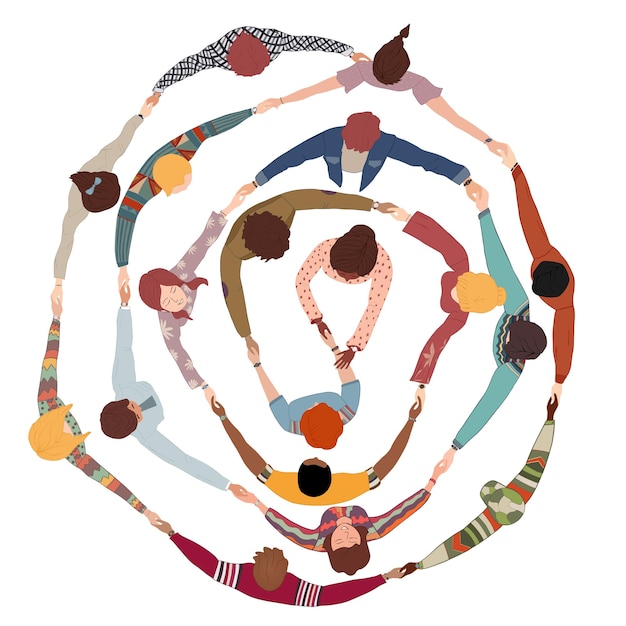 Vector chain group of isolated people in a circle from divers cultures holding hands cooperation top view
