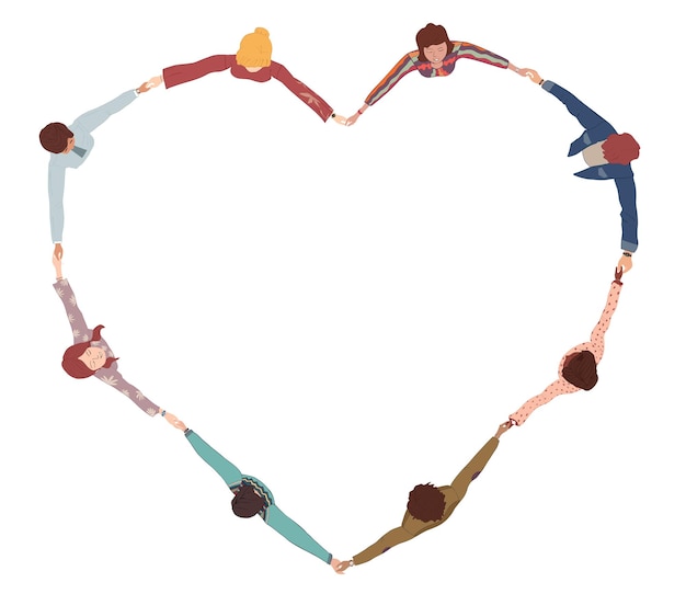 Chain of a group of multicultural people seen from above holding hands and forming a heart shape