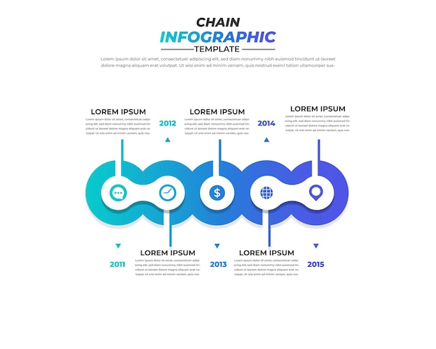 Design infografico a catena con 5 passaggi per la visualizzazione dei dati, diagramma, relazione annuale, web design, pr