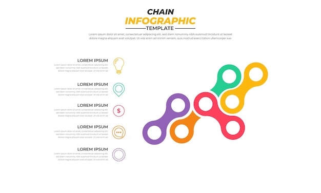 chain infographic design with 5 steps for data visualization, diagram, annual report, web design, pr