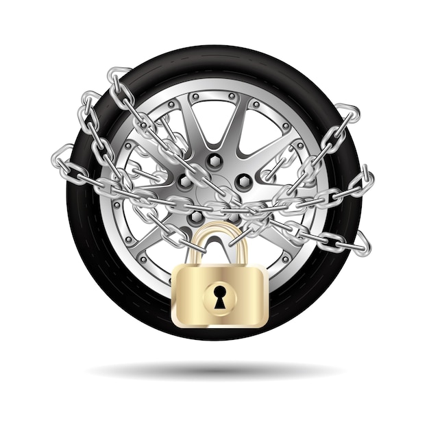 The chain locks the car tires. The lock is golden, stainless steel chain.