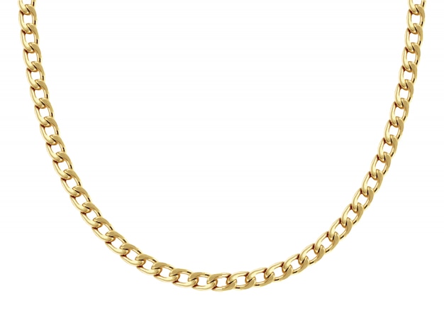 Vector chain necklace of yellow gold figured eight links is formed in a half round shape and shown on white