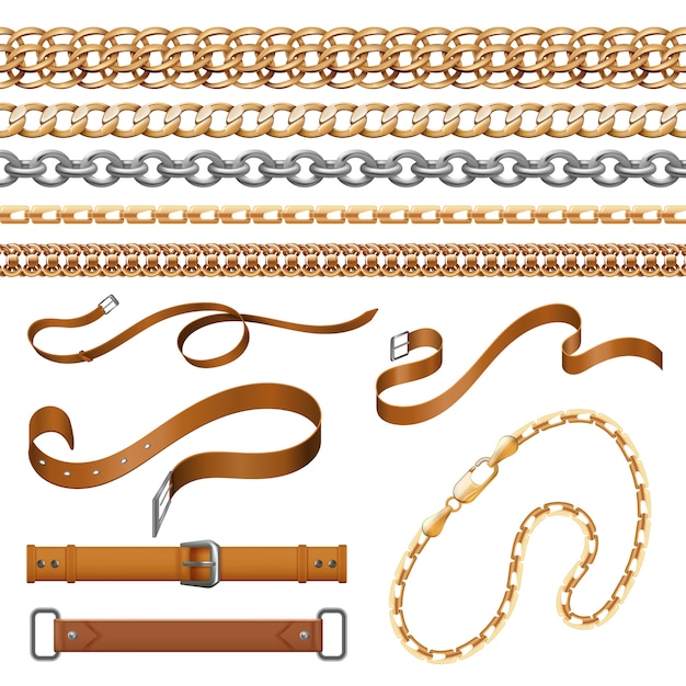 벡터 사슬과 머리띠. 팔찌 가죽 벨트 및 황금 가구 요소, 장식용 주얼리 세트