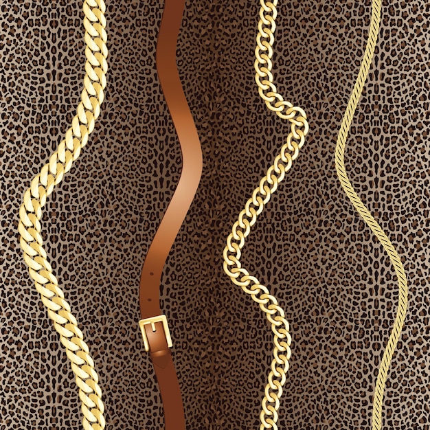 Chains seamless pattern on leopard print gold and animal background with jewelry for textile prints