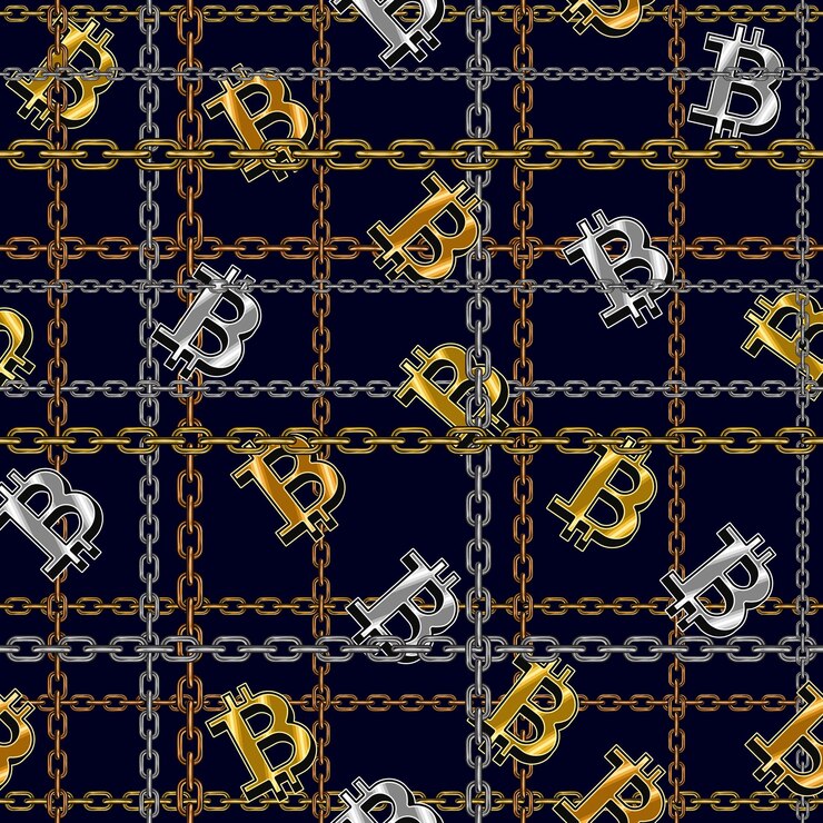Vector chains tartan seamless pattern with metal chains and shiny bitcoin symbols