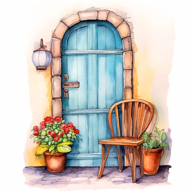 Chair and flowers in front of the vintage door watercolor paint