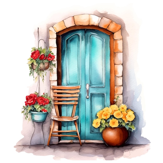 ヴィンテージのドアの前にある椅子と花の水彩画