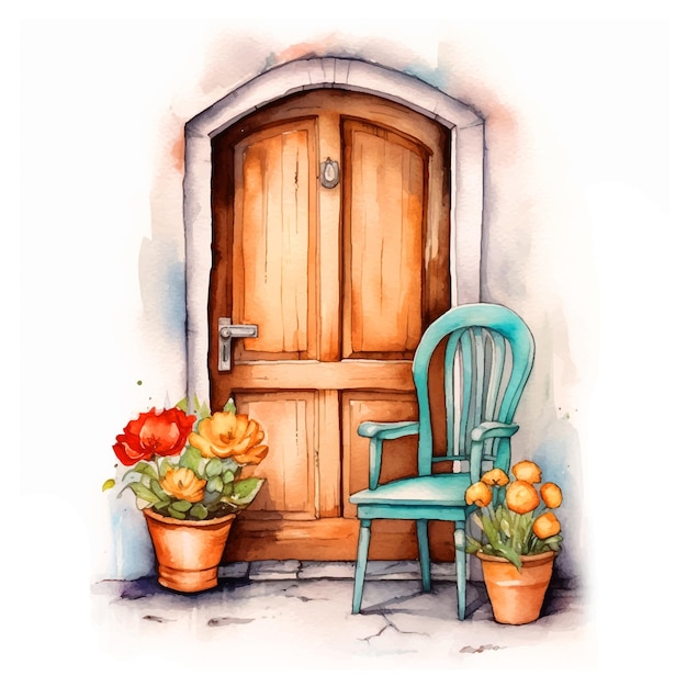 Chair and flowers in front of the vintage door watercolor paint