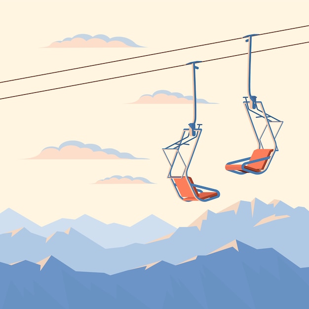 山のスキーヤーとスノーボーダーのためのチェアスキーリフトはロープで空中で動きます