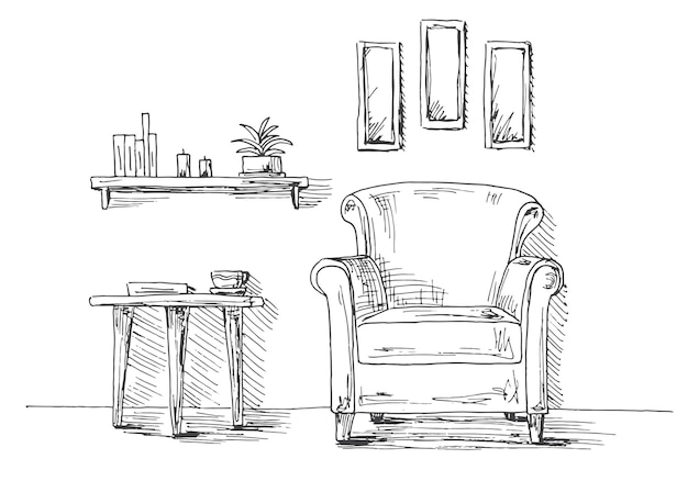 Кресло-стол с кружкой две низкие подвесные лампы над столом полка с книгами и растениями ручная рисованная векторная иллюстрация