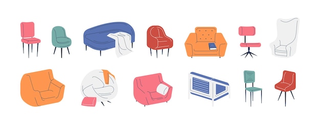 의자와 안락의자 아늑한 홈 인테리어와 사무용 가구는 편안한 휴식을 위한 세련된 덮개를 씌운 가구 만화 아파트 장식 벡터 세트