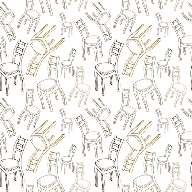 Vector chairs pattern. hand drawn brown chairs on white backdrop. doodle of furniture. seamless vector background.