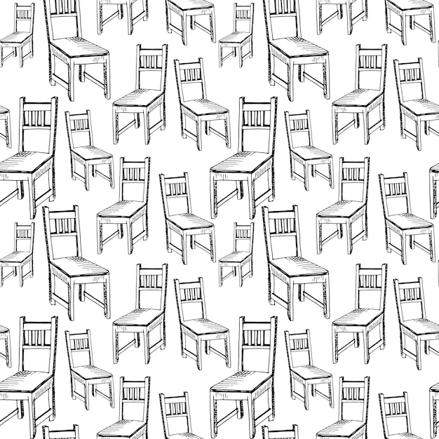 Chairs pattern, seamless pattern hand drawn sketch of furniture, black and white drawing, vector pattern without background.