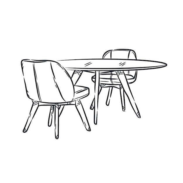 Chairs and round table hand drawn sketch vector illustration Home interior design line art concept