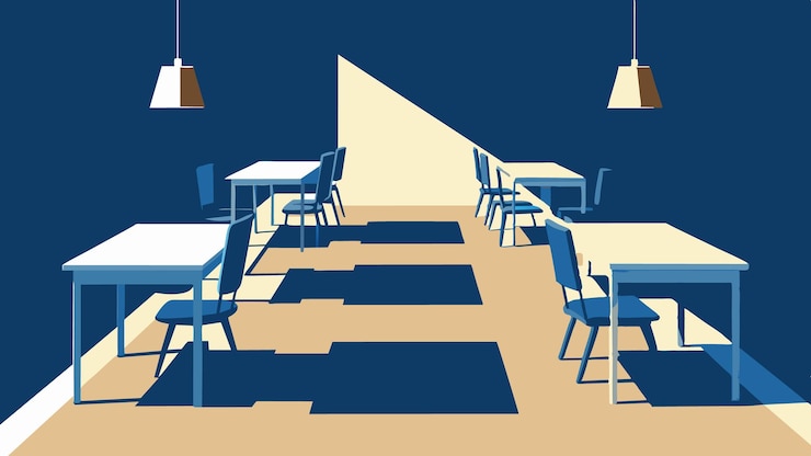 Vector chairs surround tables in classroom