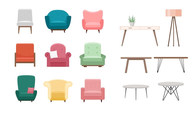 chairs and tables set. cartoon   of furniture different color, furnished living room
