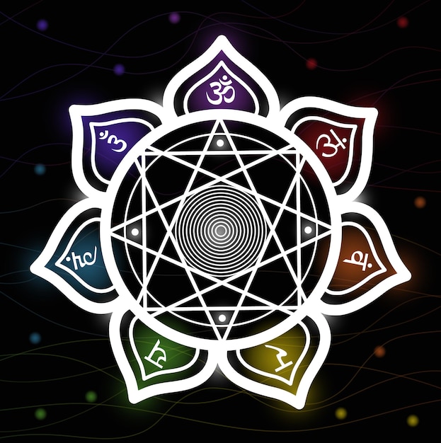 Мандала чакры с санскритскими символами Цветок жизни с семью чакрами на черном фоне