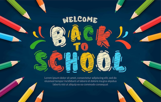 Vector chalk drawn back to school lettering with colored penicls background online courses learning concept