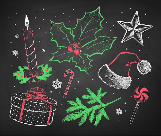 Chalk drawn  Christmas sketches set on chalkboard background